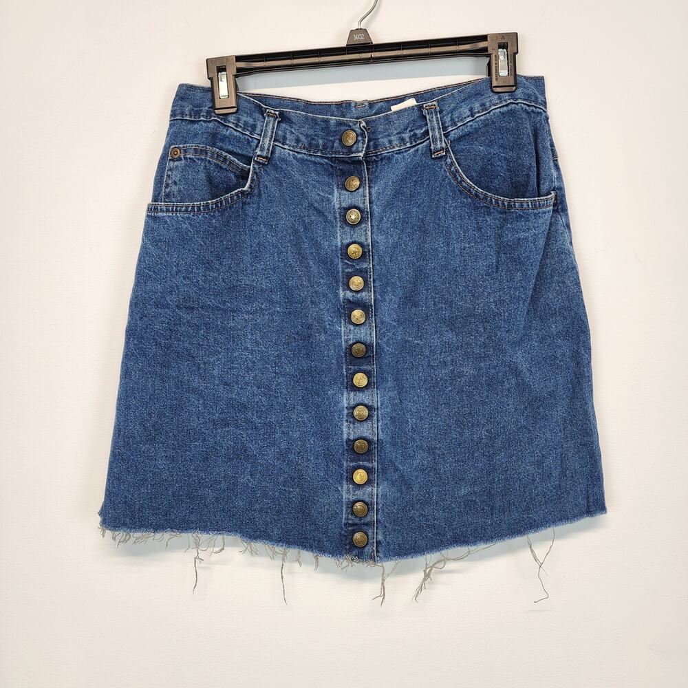 Vintage Womens Denim Mini Skirt Size 12 28" Blue Frayed Stuffed Shirt Jeanswear - Picture 1 of 9